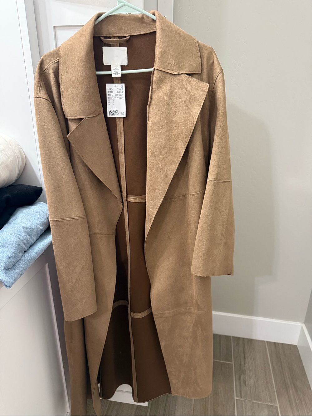 H&M Long suede Trench Coat in Camel Brown